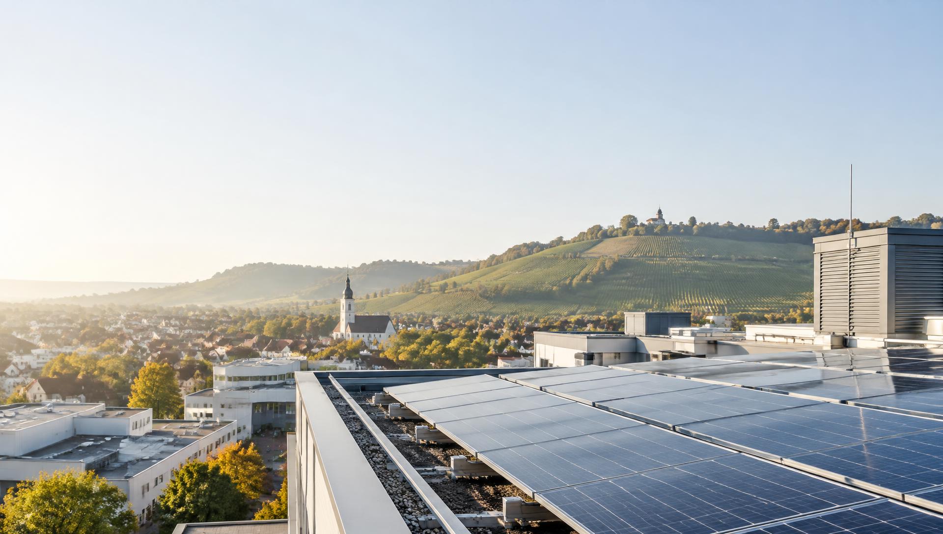 PV-Anlage auf Gewerbedach mit Blick über eine württembergische Stadt und Weinberge